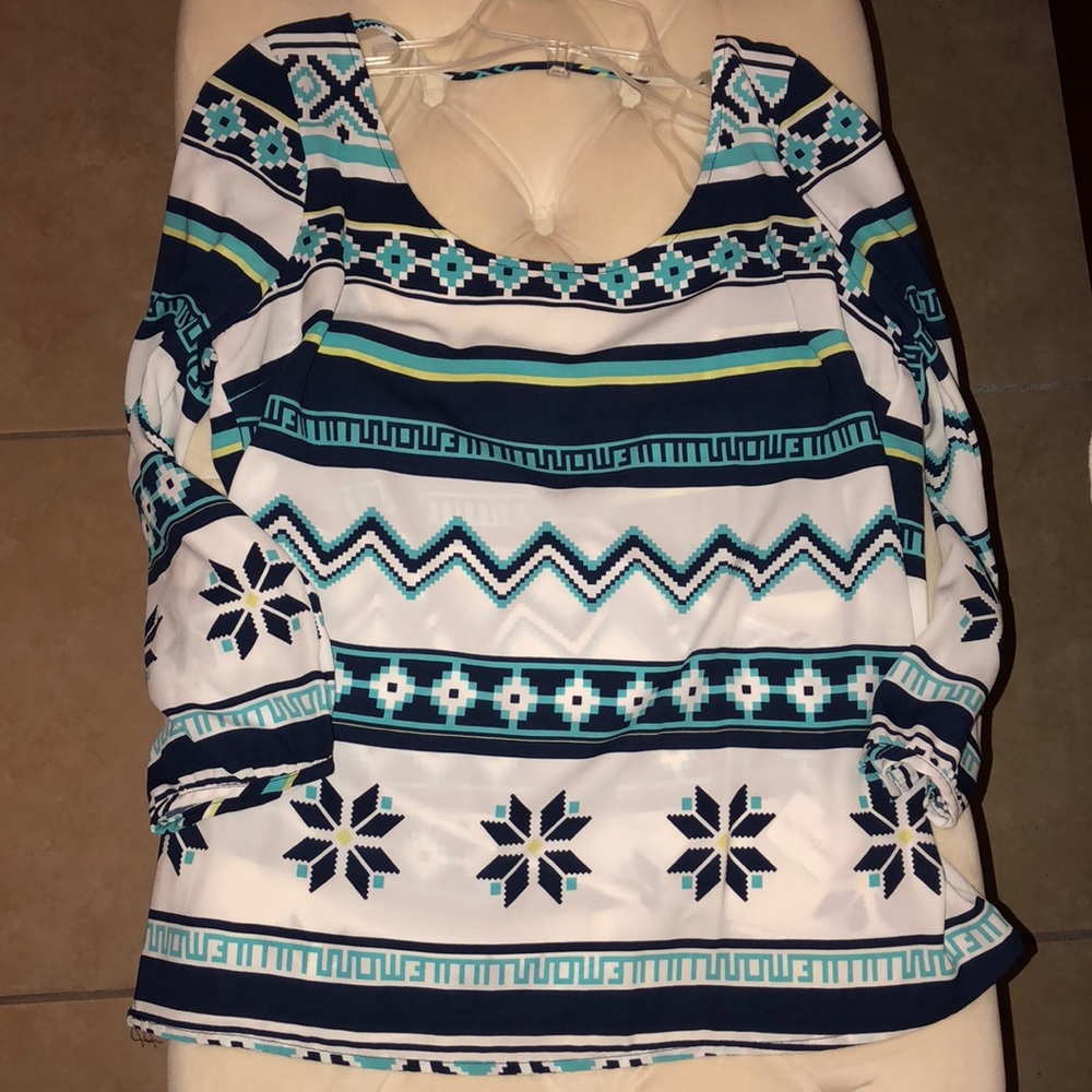 Blue Aztec Print Long Sleeve Blouse